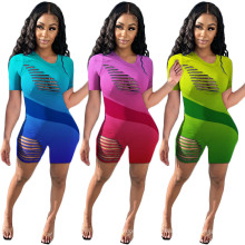 2021 Summer New Arrivals Gradient Color Sexy Holes Short Sleeve Bodycon Jumpsuit for Women
